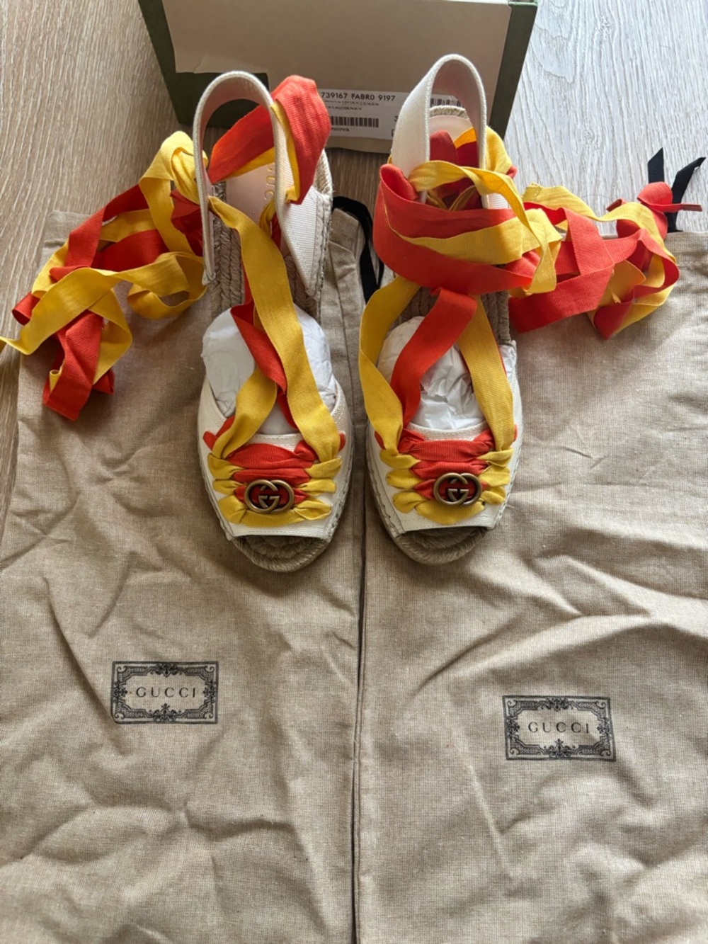 Gucci Yellow and Orange Ribbon Espadrille Wedges with GG Hardware - Picture 11 of 14